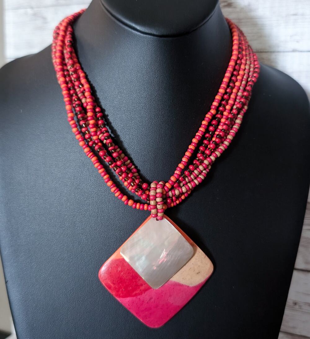Vintage Statement Necklace Red Tones with Large Pendant